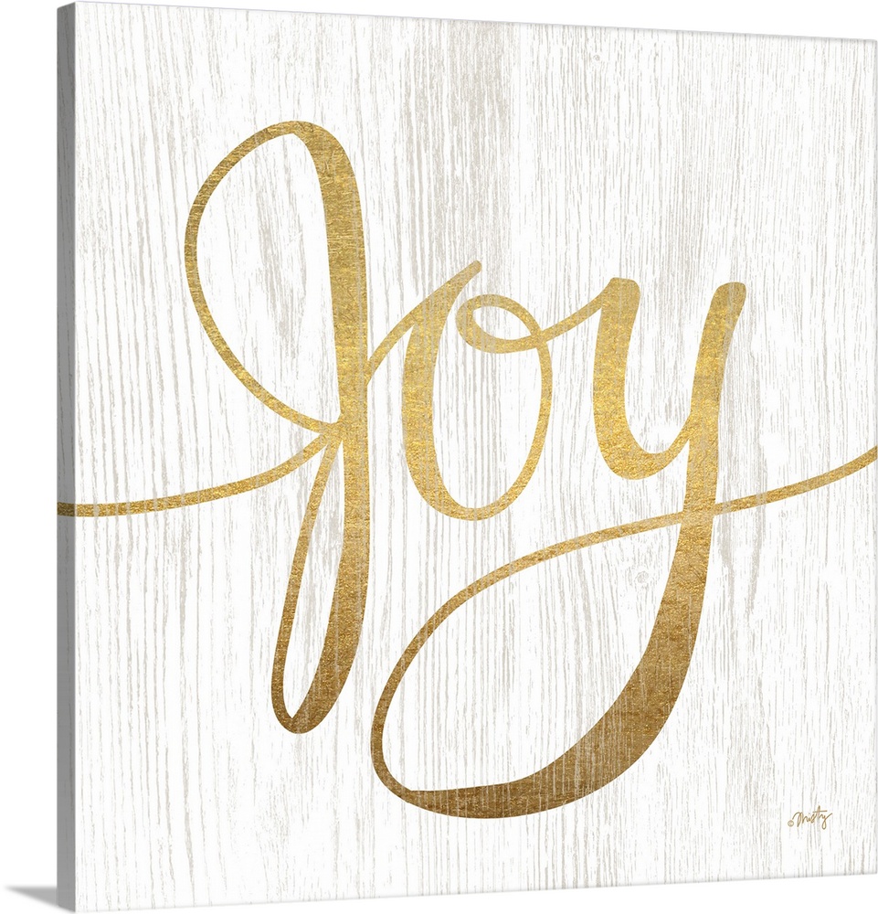 The word Joy is gold colored letters over white background with wood grain texture overlaid.