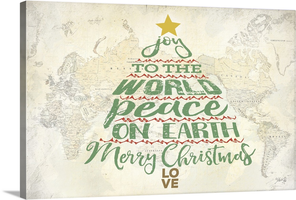 Christmas themed typography art in the shape of a tree over an image of a world map.