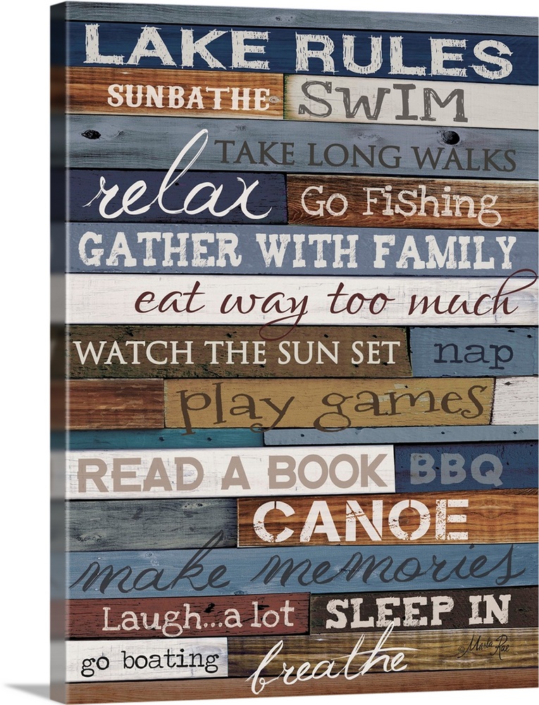Typography artwork of lake rules, with text against a wooden background.
