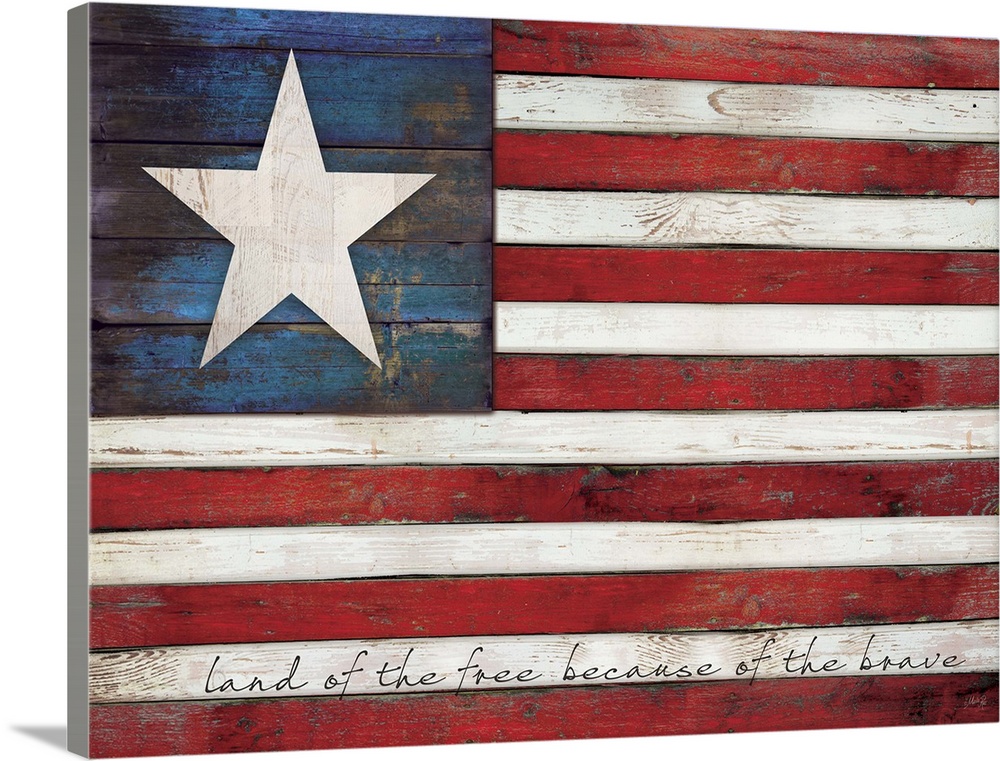 Rustic distressed American flag with text in the white stripes painted on a wooden surface.
