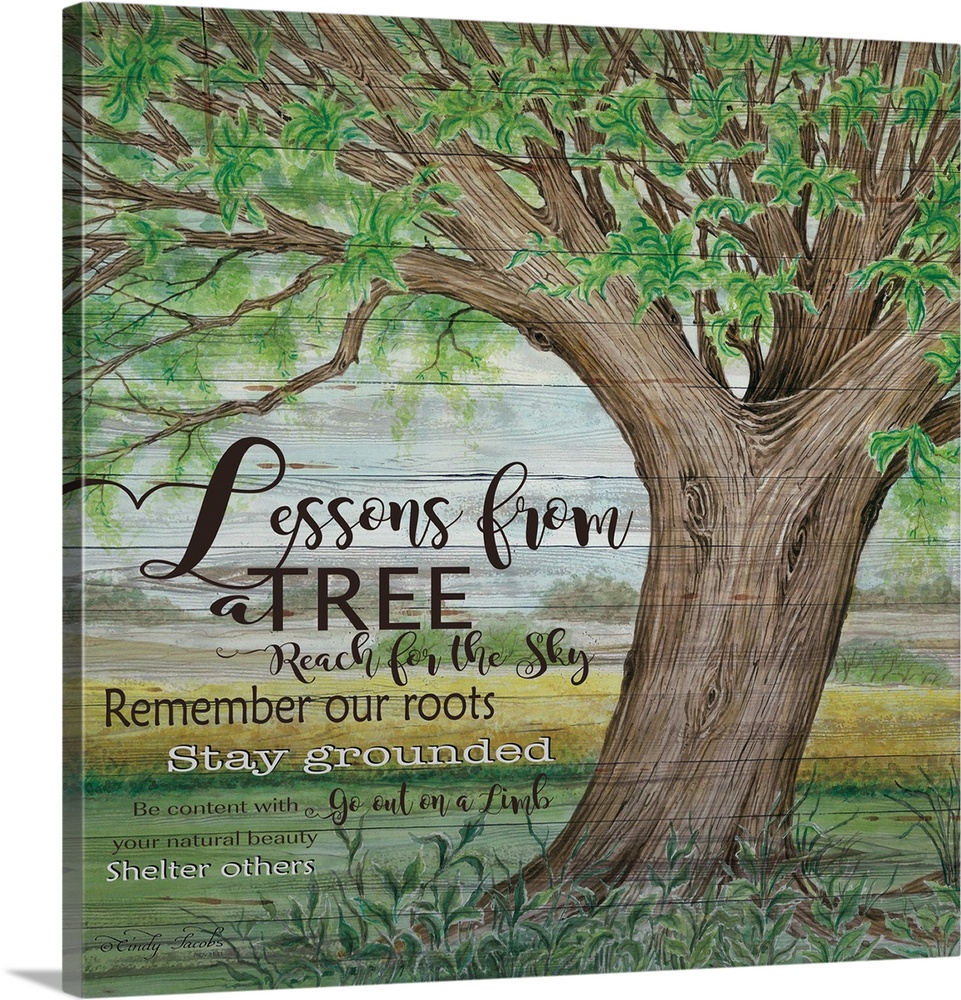 Inspirational "lessons" with a tree theme over a painting of a sturdy tree with lush branches.