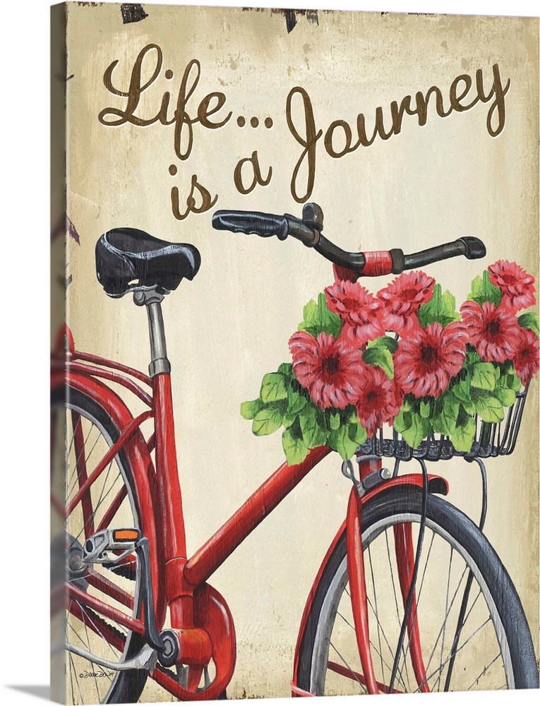Illustration of a red bicycle with a basket full of flowers and the text "Life is a Journey."