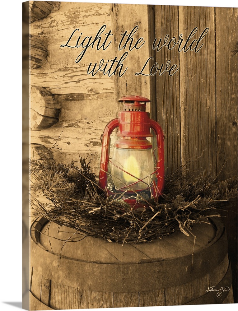 The words: Light the world with love, are placed over a red lantern against desaturated background.