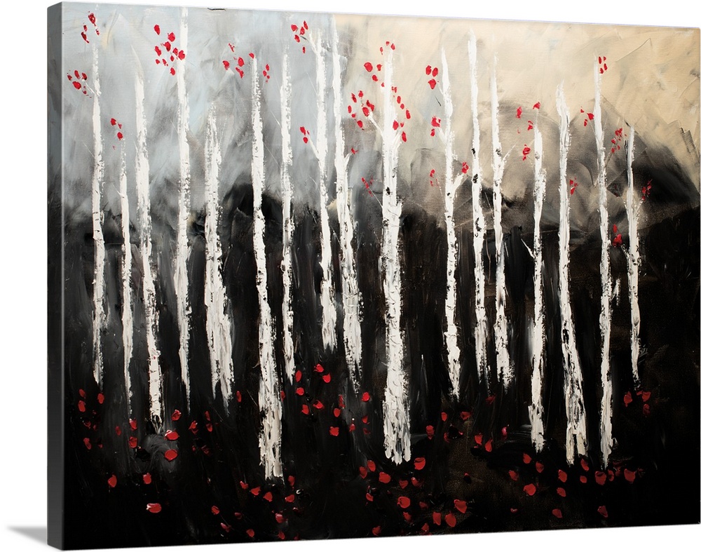 Contemporary painting of a forest of slender white birch trees speckled with red leaves.