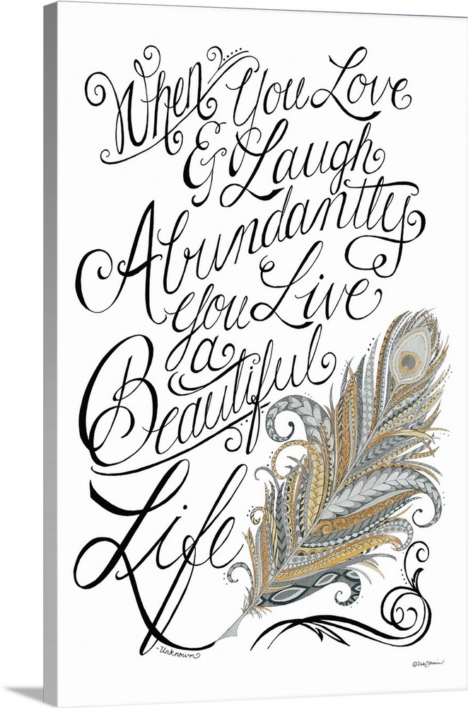 Inspirational hand-lettered modern calligraphy artwork appreciating life's moments, with a fanciful feather.