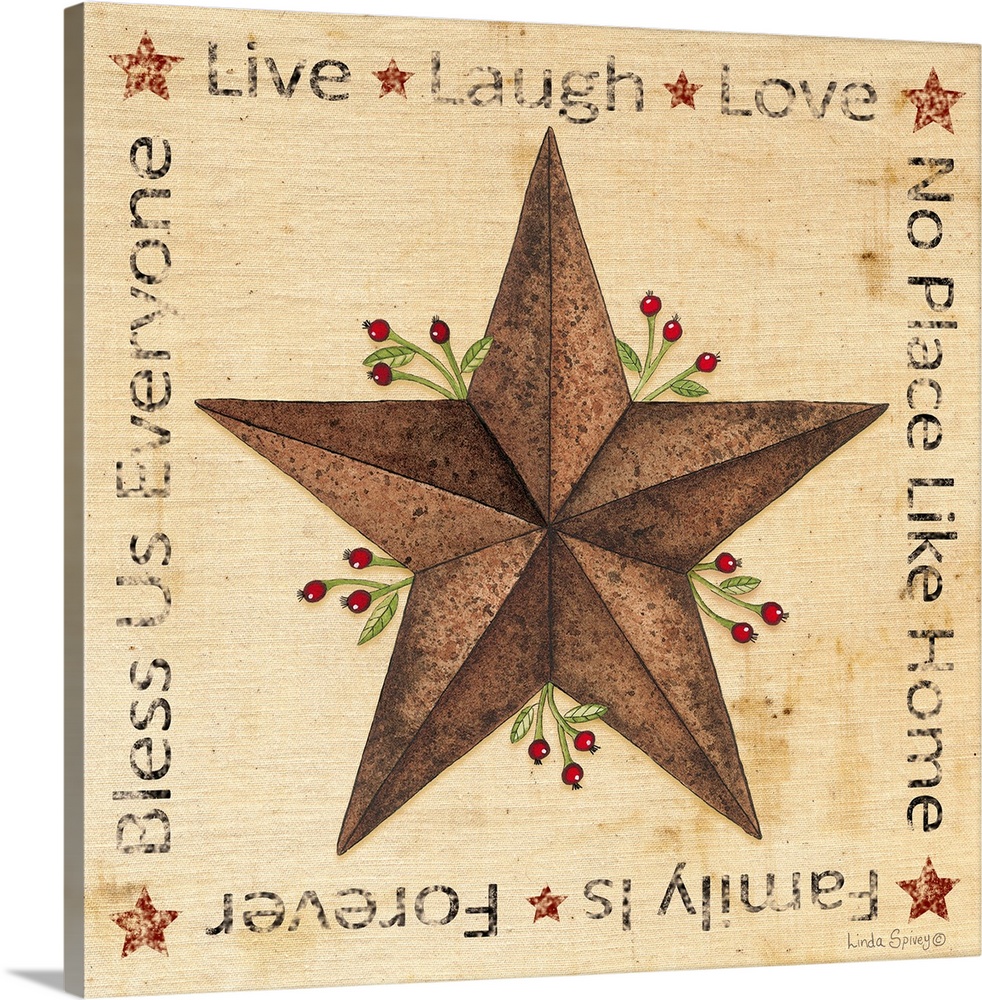 Folk style artwork of a metal barn star, framed with family and home-themed phrases.