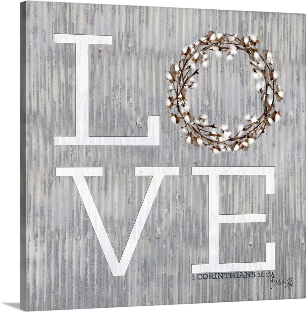 "Love" with a wreath on a weathered metal background.