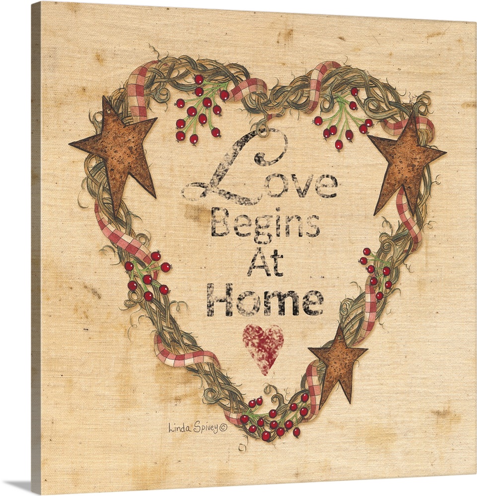 Folk style artwork of text with a frame made of vines and copper stars in the shape of a heart.