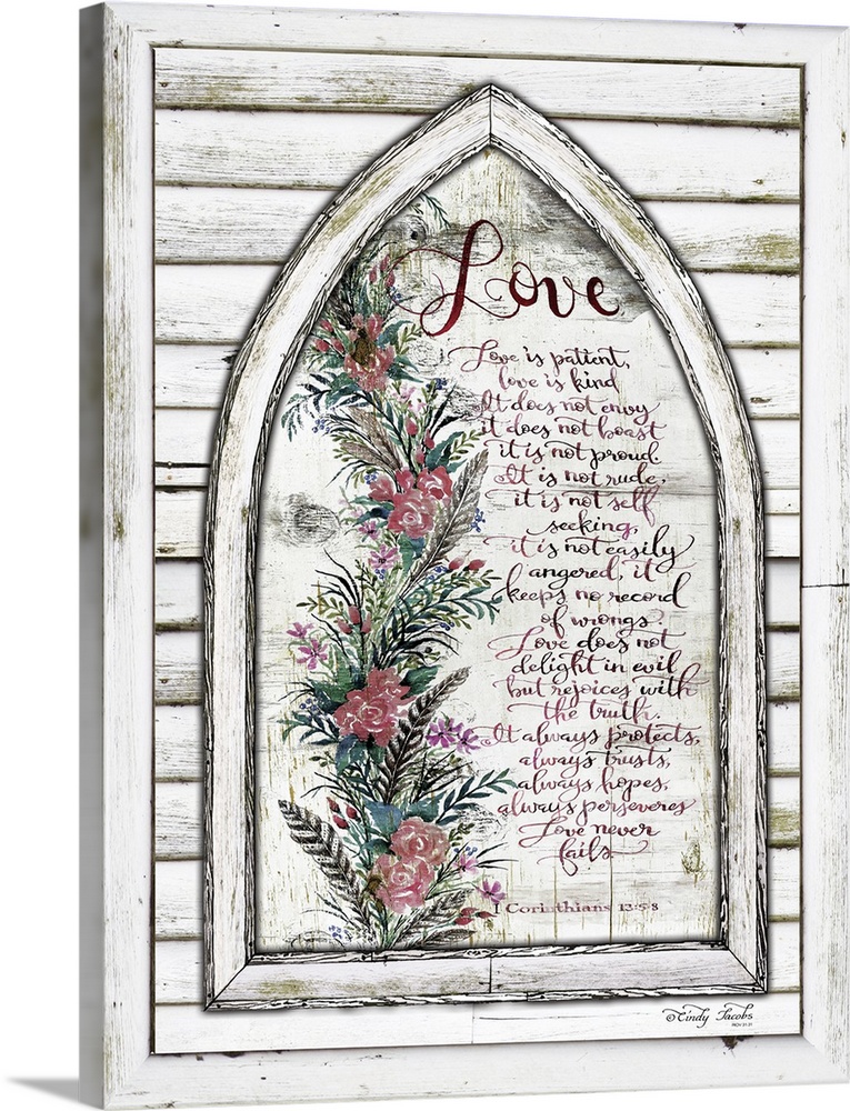 Decorative artwork featuring the famous love script Corinthians 13:4-8.
