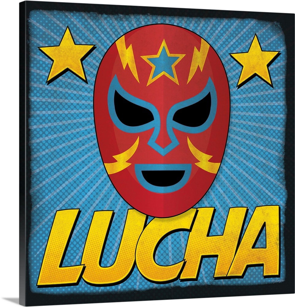 Kids' artwork of a red luchador mask with a star motif.