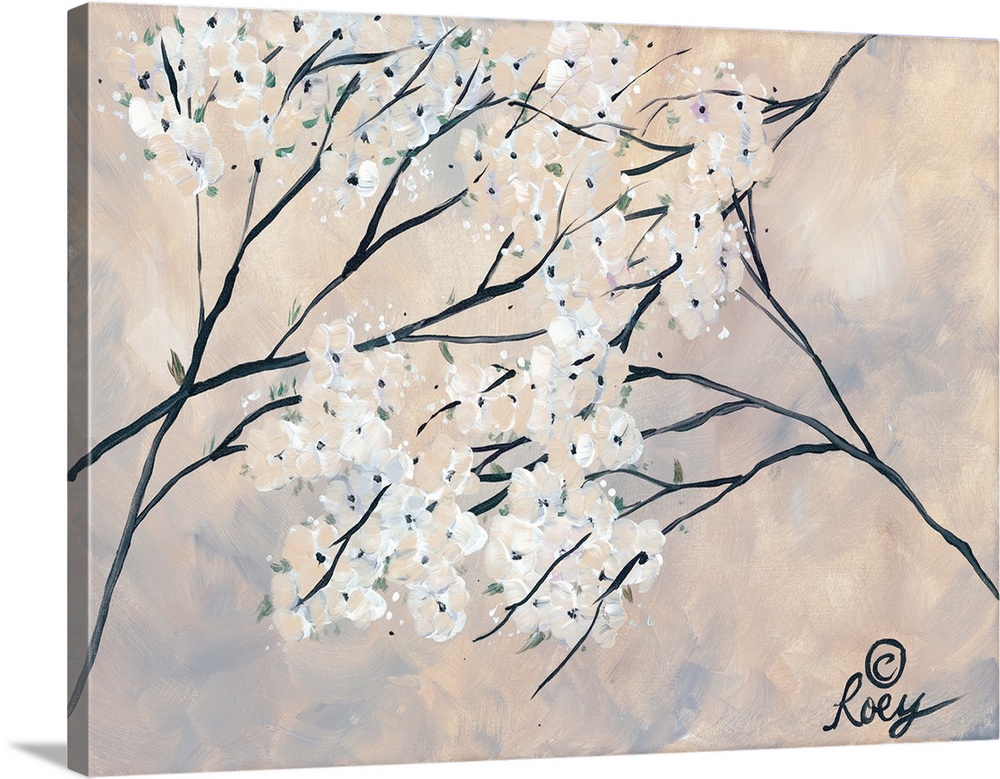 Artwork of magnolia branches with blooming white flowers on a pale hazy background.