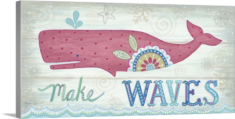 A pink whale on a textured wooden background.