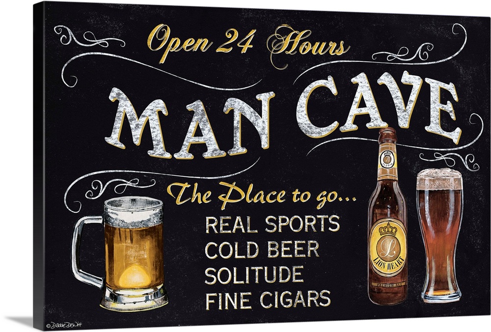 A chalkboard style sign with beer glasses and bottles.