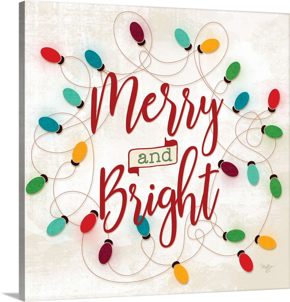 Decorative artwork with festive string lights surrounding the words: Merry and Bright.