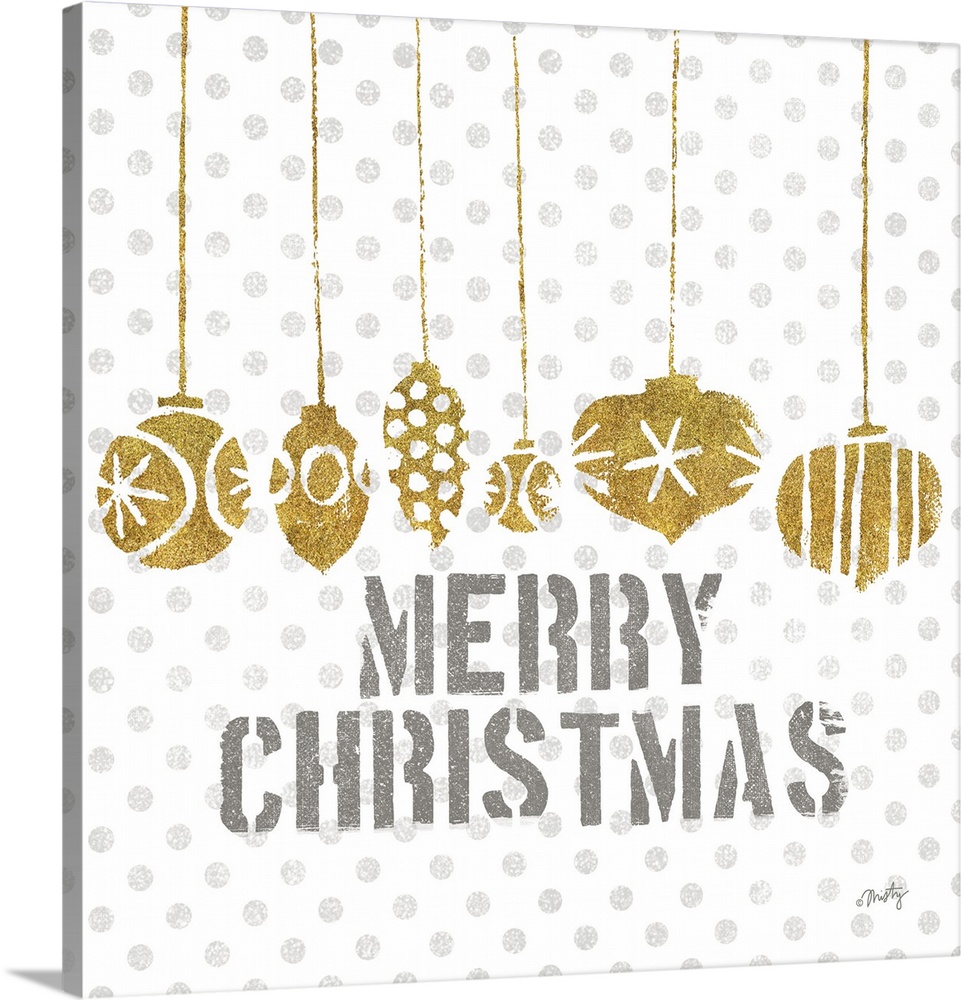 Hanging ornaments in gold glitter coloring hover over the holiday sentiment: Merry Christmas, with a polka dot background.