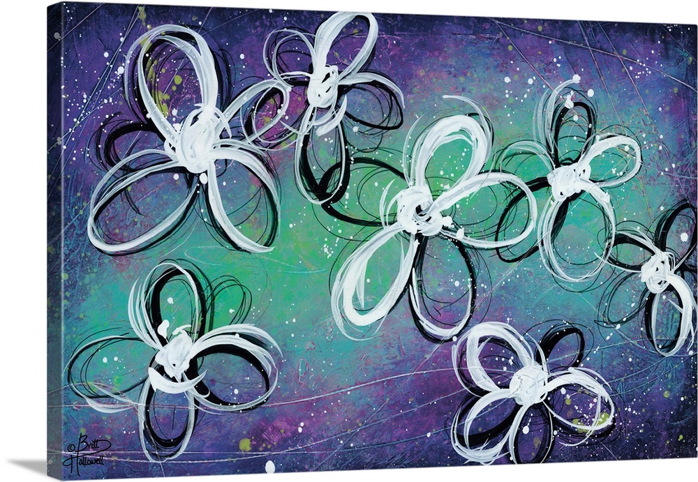Contemporary artwork of stylized flowers in black and white swirling paint strokes on a purple and green background.