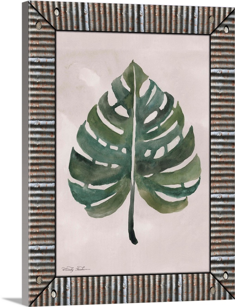 Decorative artwork of watercolor leaf surrounding by a galvanized metal frame.