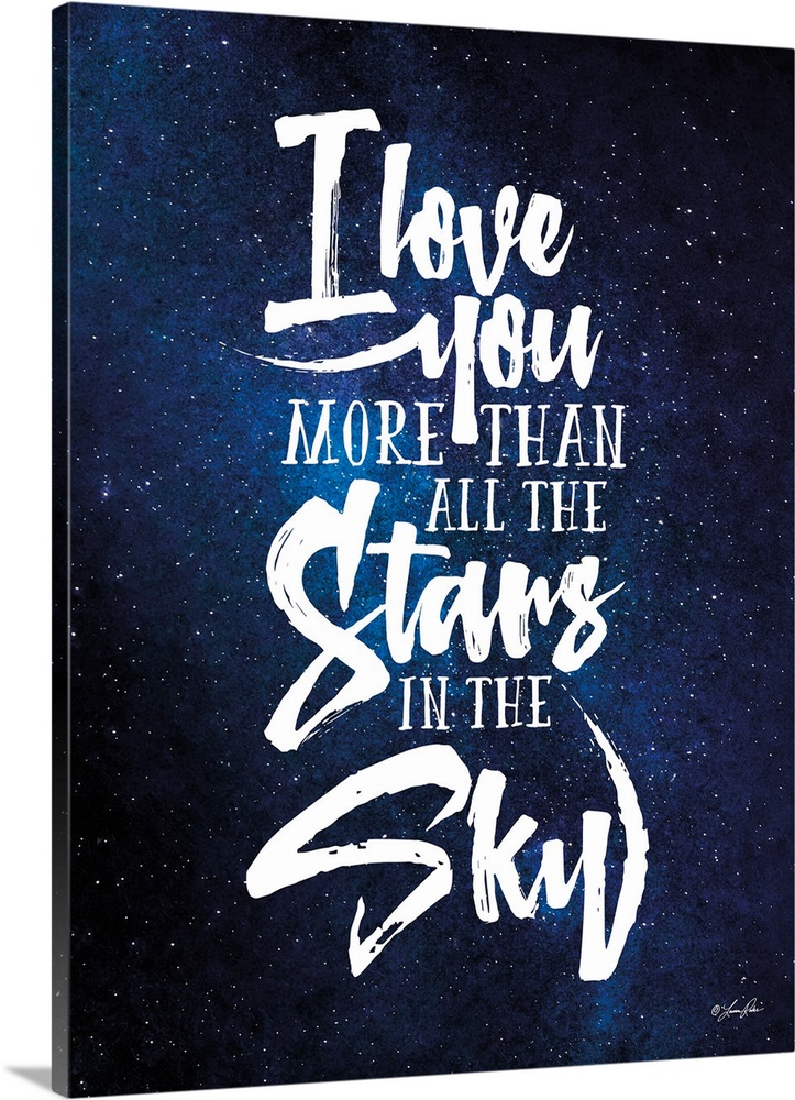 Handlettered artwork reading "I love you more than all the stars in the sky" over an image of a starry night.
