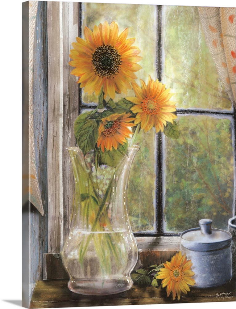 Artwork of sunflowers in a glass vase sitting in front a window.
