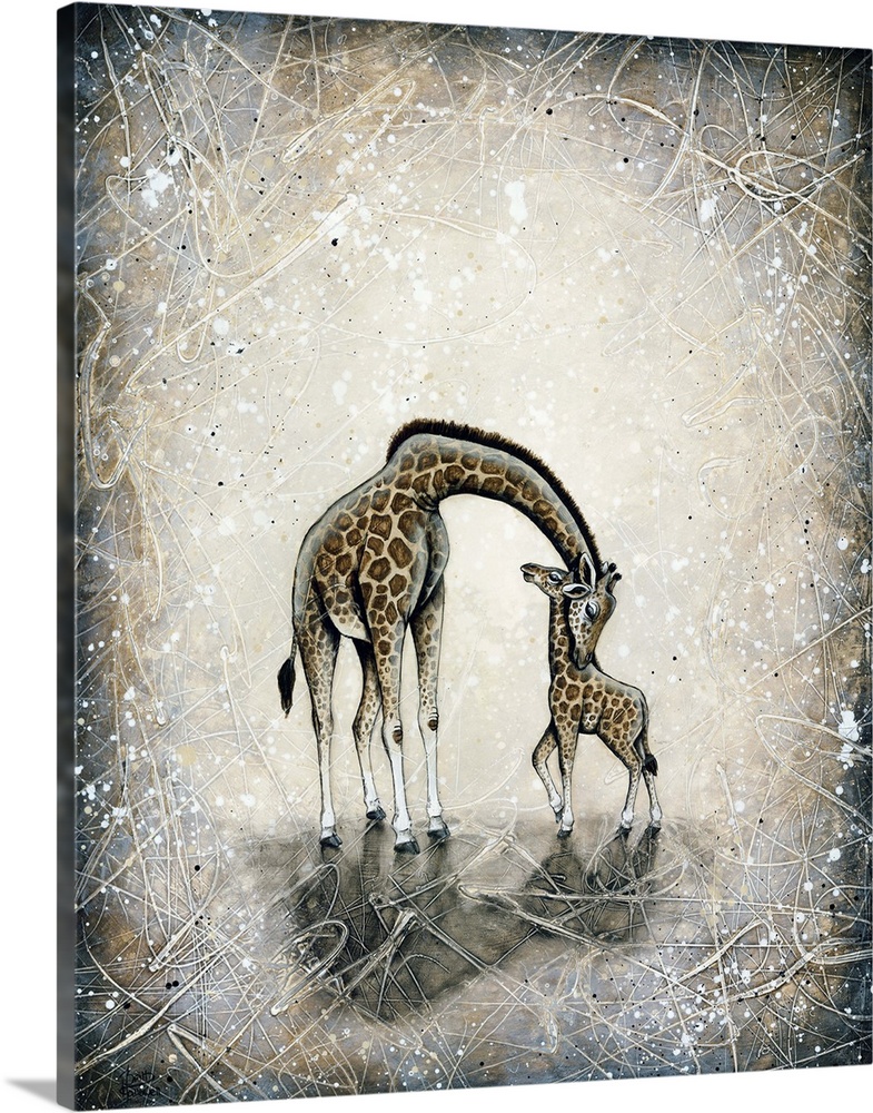 Painting of a mother giraffe nuzzling her baby.