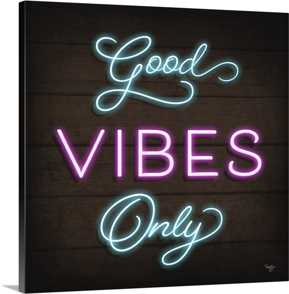 Retro sign resembling neon lights which reads "Good Vibes Only."