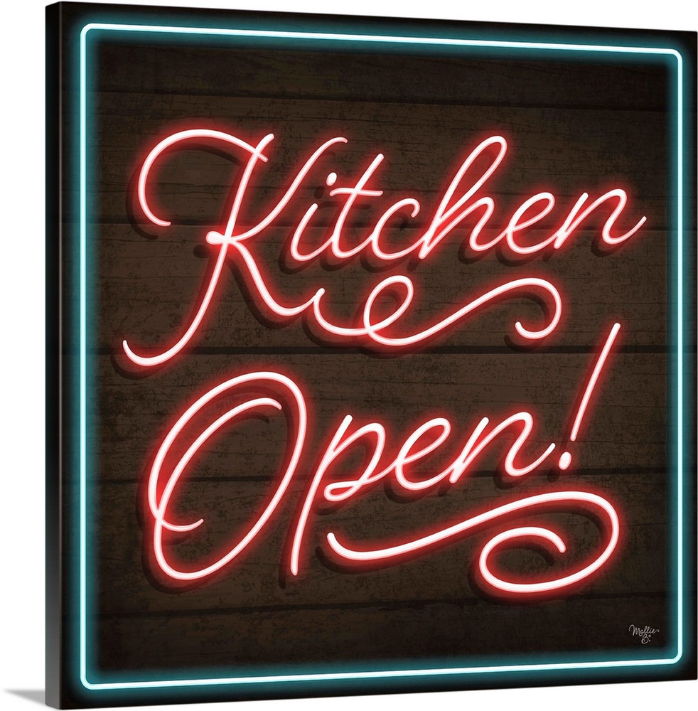 Retro sign resembling neon lights which reads "Kitchen Open!"