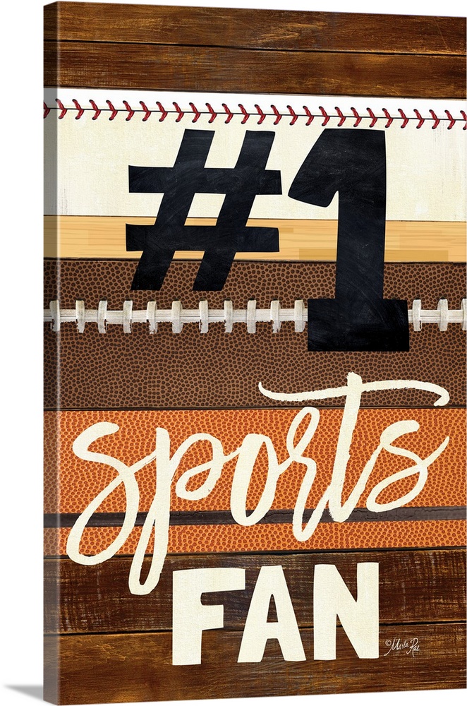 Sports-themed typography art with a baseball, football, and basketball stripe design.