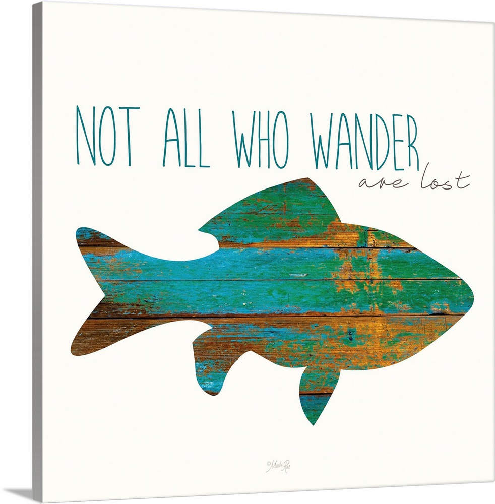 Fish silhouette with a turquoise and orange weathered wood effect.
