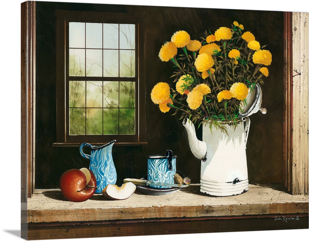 Still life painting of several yellow flowers in a white tea kettle on a windowsill with an apple and blue cups.