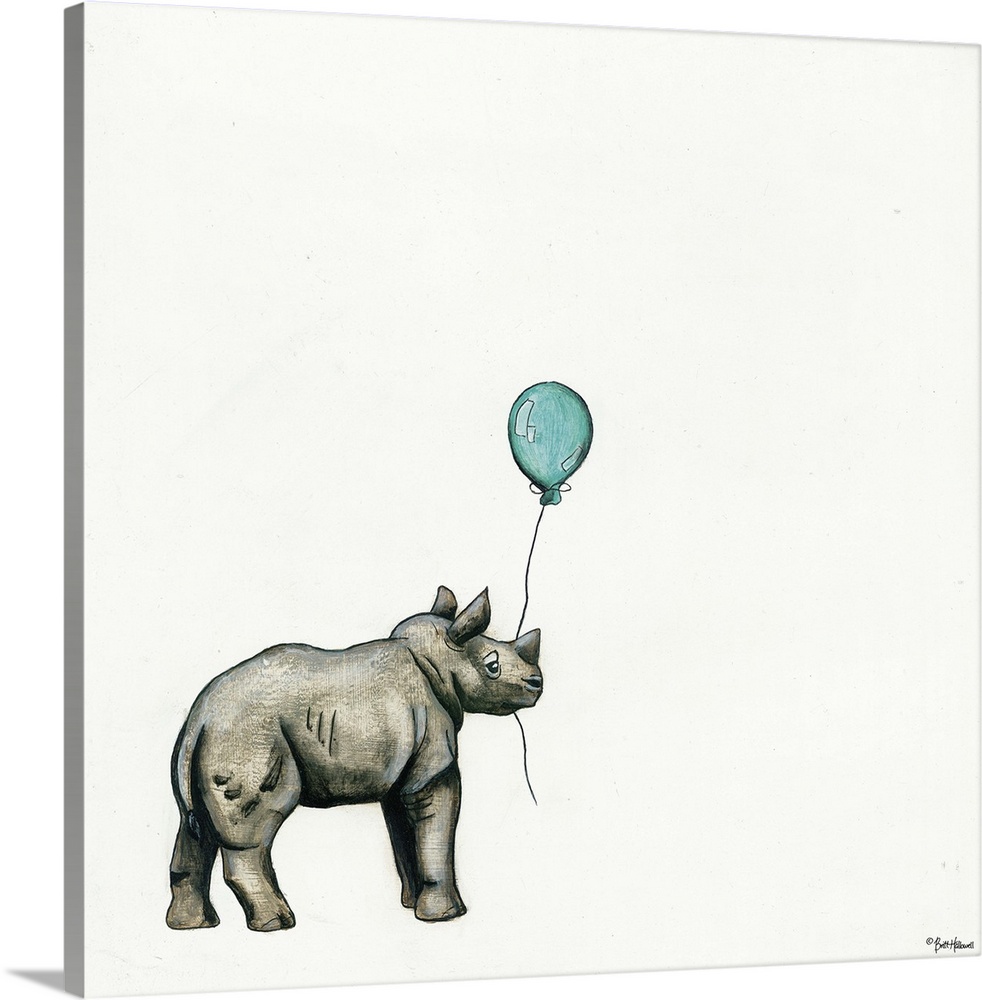 Illustration of a rhinoceros holding a balloon.