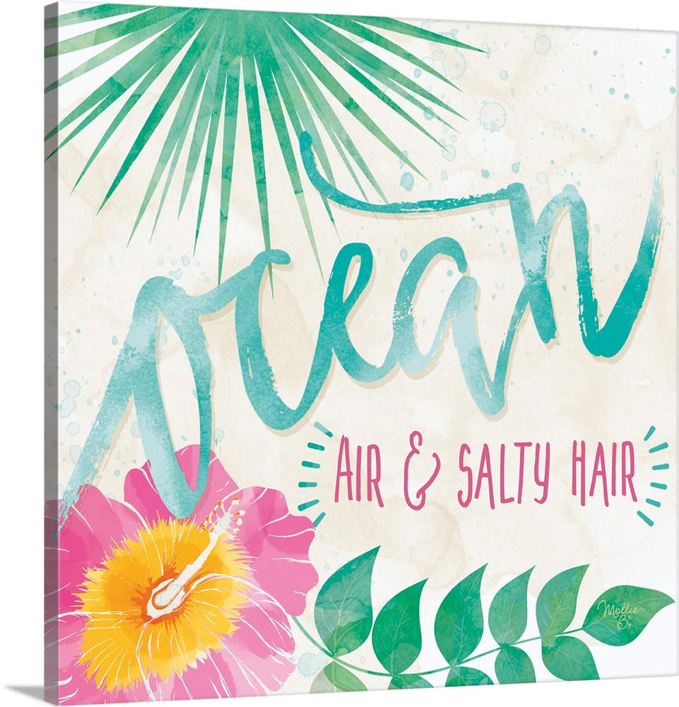 Beach-themed artwork with "Ocean" in large script with a motif of tropical leaves and flowers.