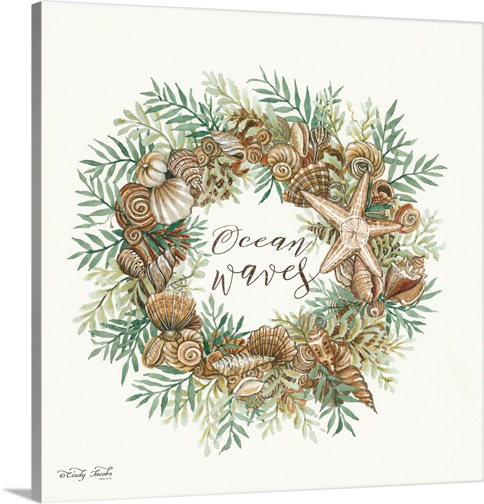 This decorative artwork features a watercolor wreath of various shells and leaves surrounding the words: Ocean waves, in t...