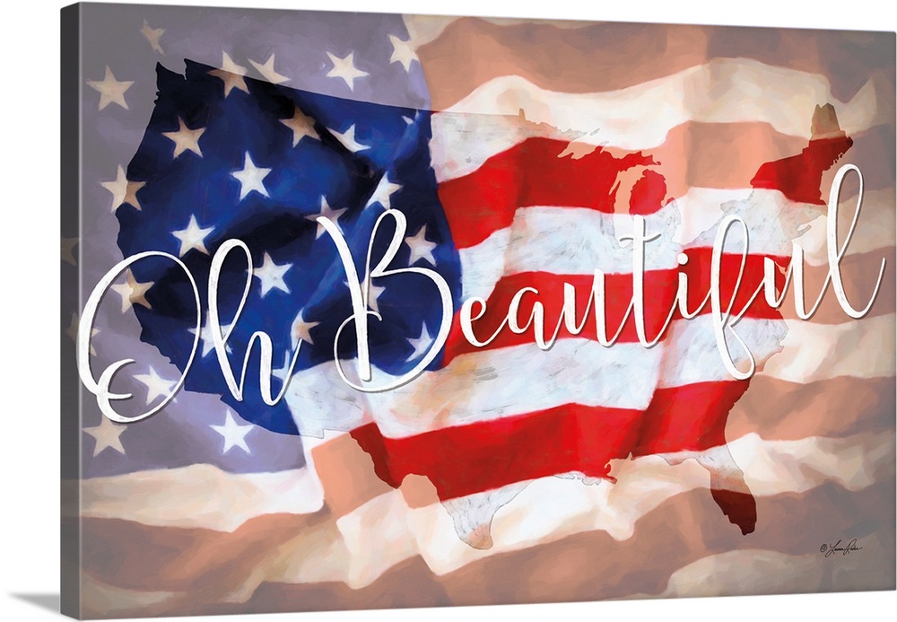 "Oh Beautiful" in white script text over a silhouette of the United States and the American Flag.