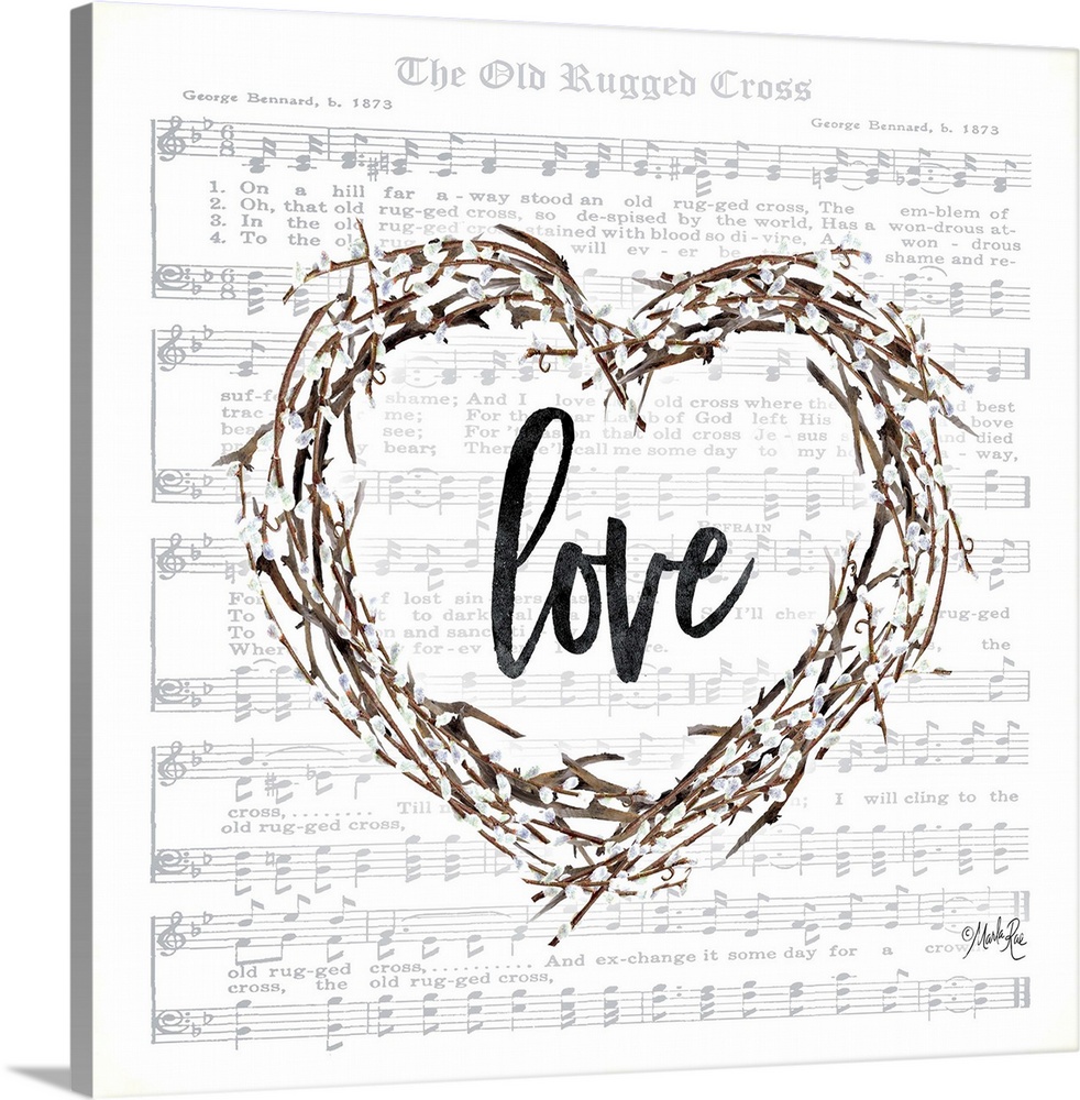 Love wreath with the sheet music for "The Old Rugged Cross" in the background.