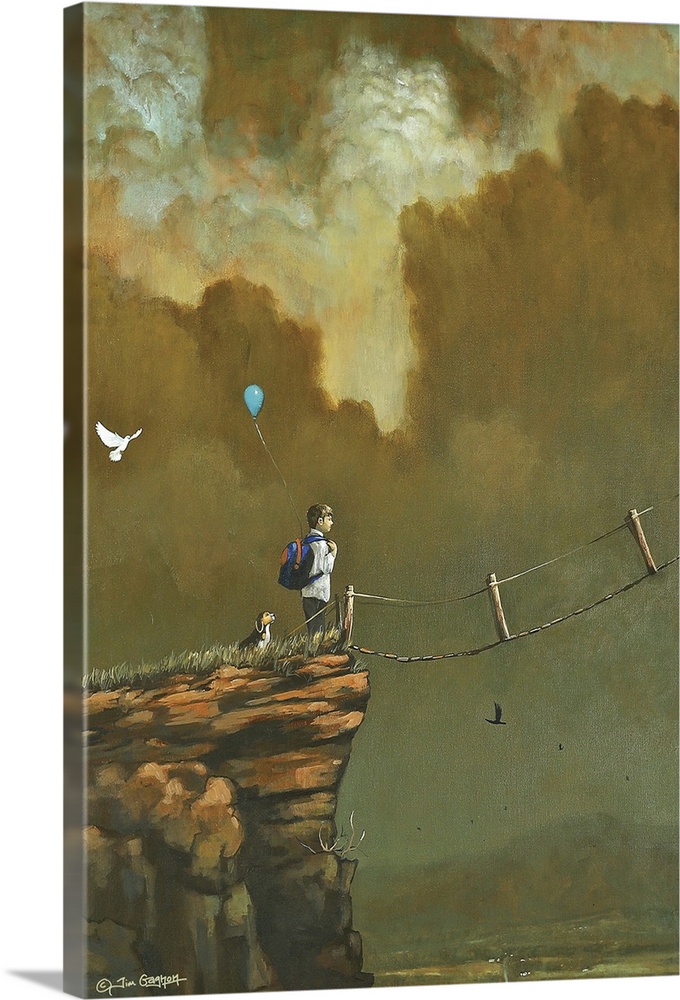 Contemporary painting of a boy with a dog and balloon looking at a narrow bridge on a cliff.