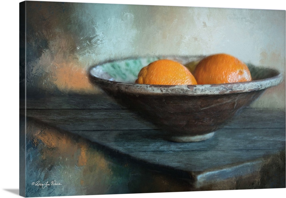 Decorative artwork of a still-life image of a bowl of oranges.