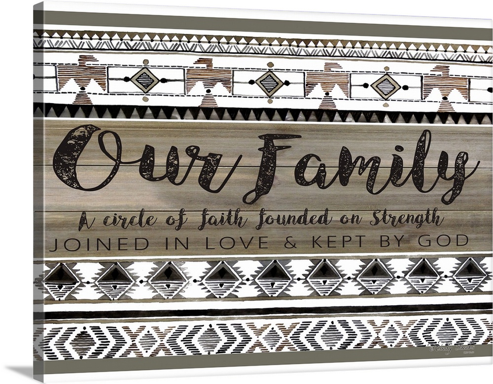 Decorative artwork featuring geometric southwestern designs and a family sentiment.