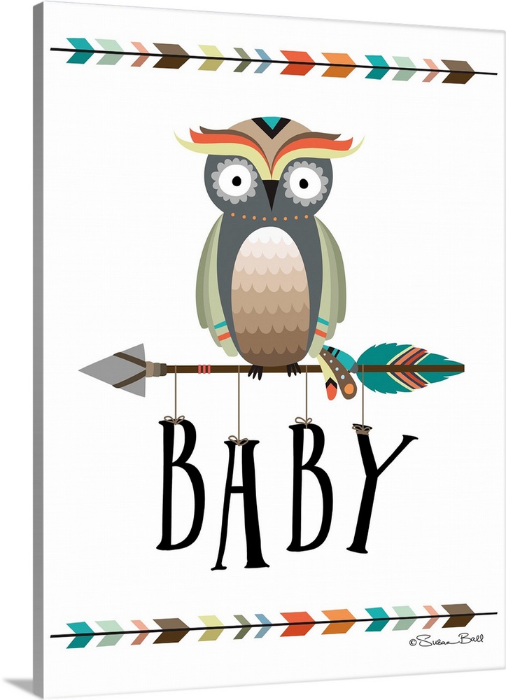 Cute children's nursery art of an owl on an arrow with the word "Baby" hanging from it.
