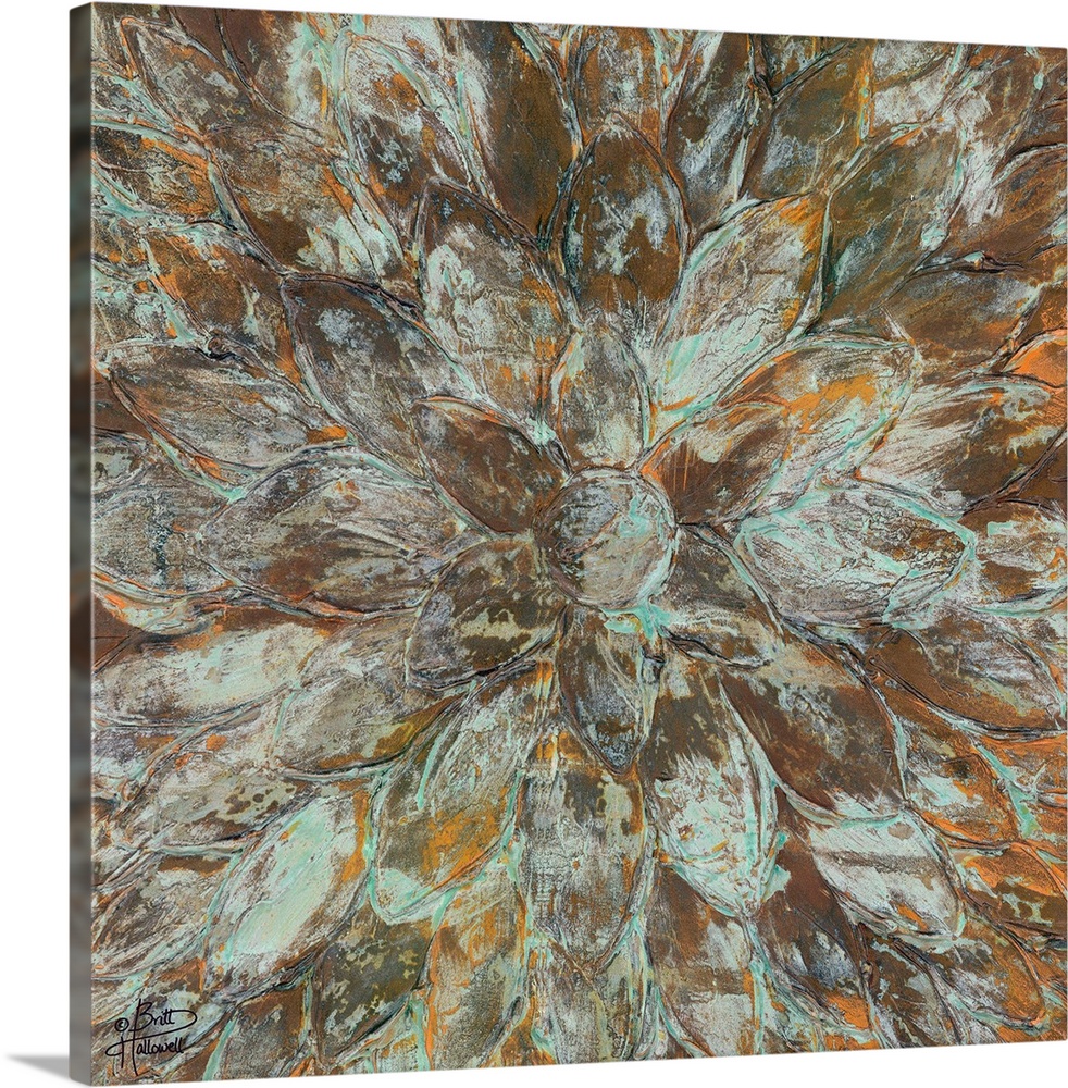 Abstract art of a floral design with the appearance of a green patina.