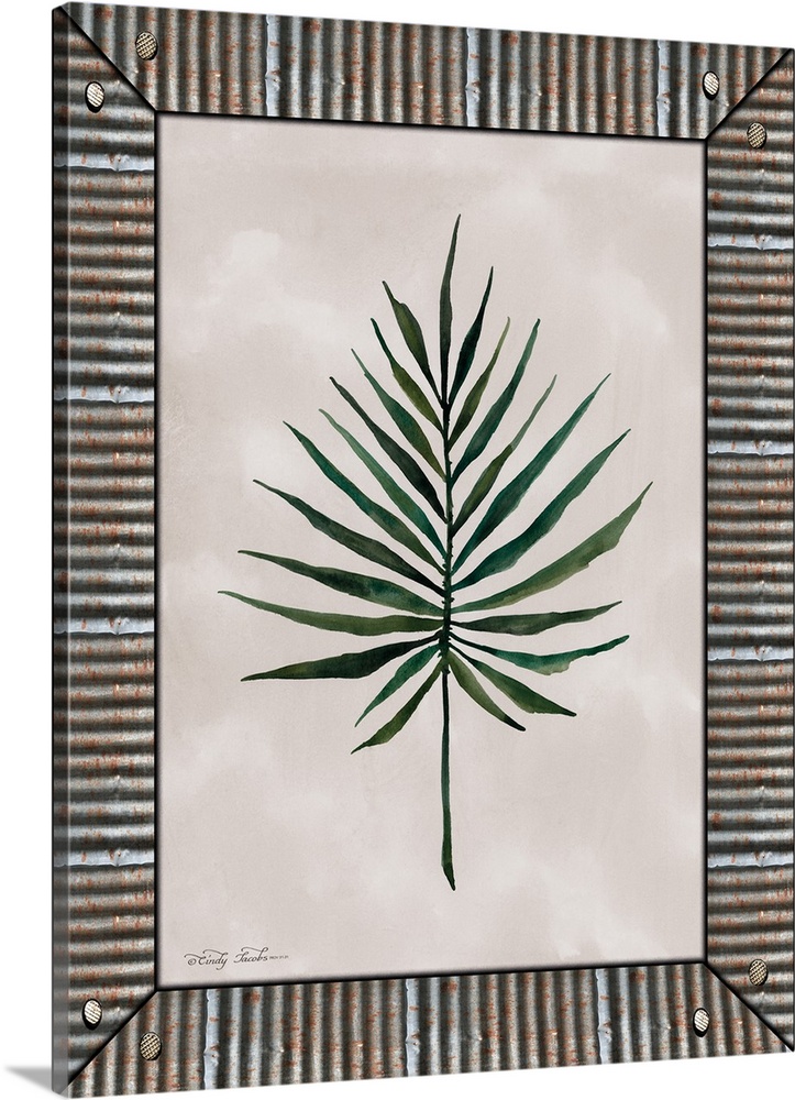 Decorative artwork of watercolor leaf surrounding by a galvanized metal frame.