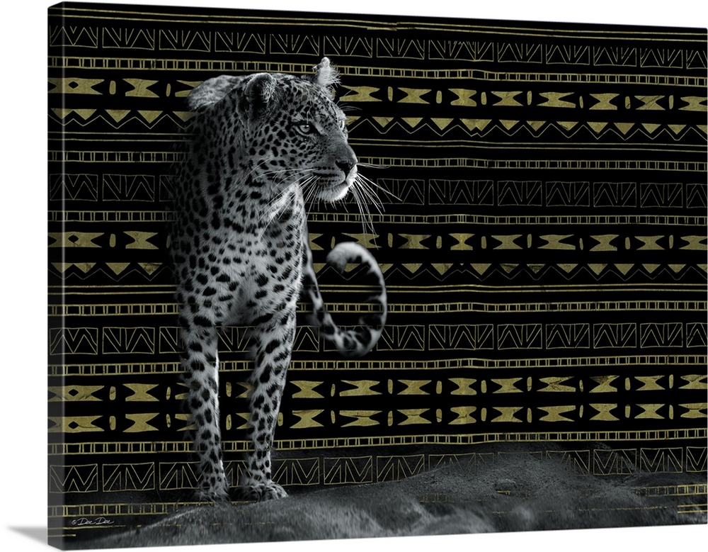 Artwork of a leopard on the prowl, with a gold and black tribal pattern.