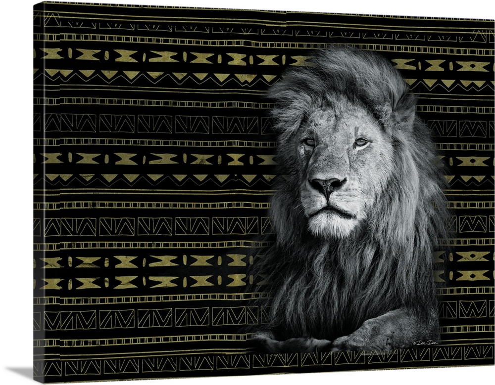 Artwork of a resting lion, with a gold and black tribal pattern.