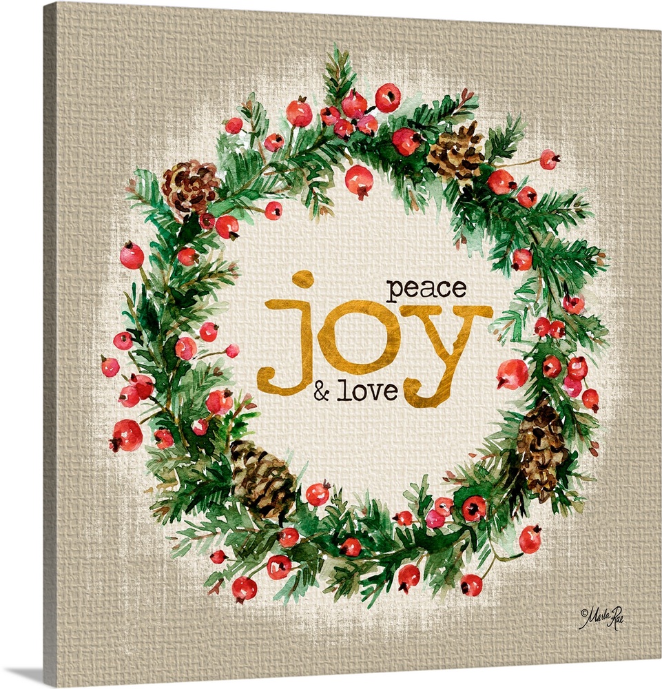 Christmas themed artwork decorated with holly berries and pine branches with gold text.