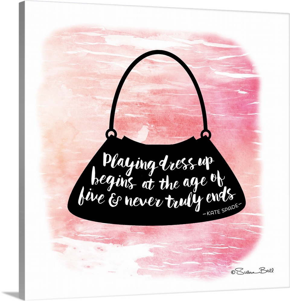 Silhouette of a purse with a motivational quote hand-lettered in white script, over a pink watercolor background.