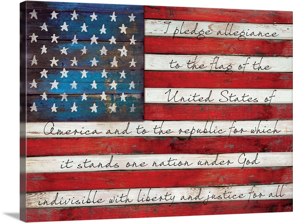 Rustic distressed American flag with text in the white stripes painted on a wooden surface.
