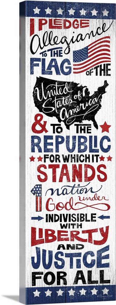 Handlettered artwork of the Pledge of Allegiance in red, white, and blue, on a textured background.