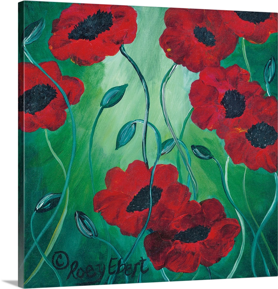 Contemporary artwork of deep red poppies on a cool green background.