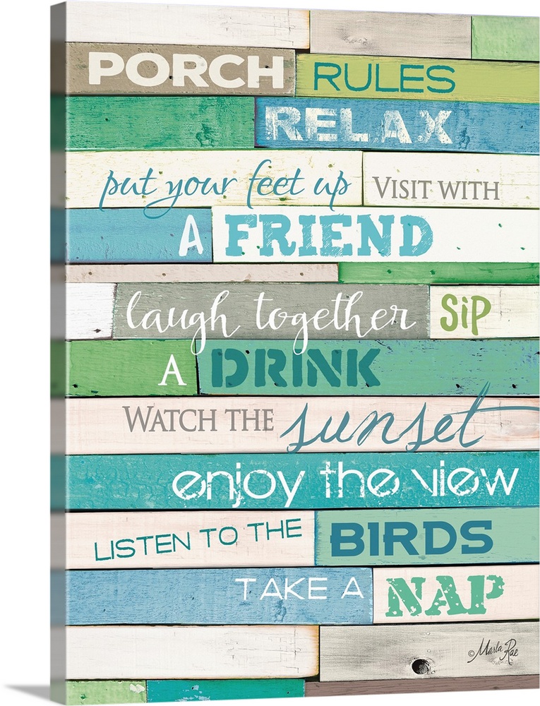 Porch rules typography art against a rustic wooden surface.