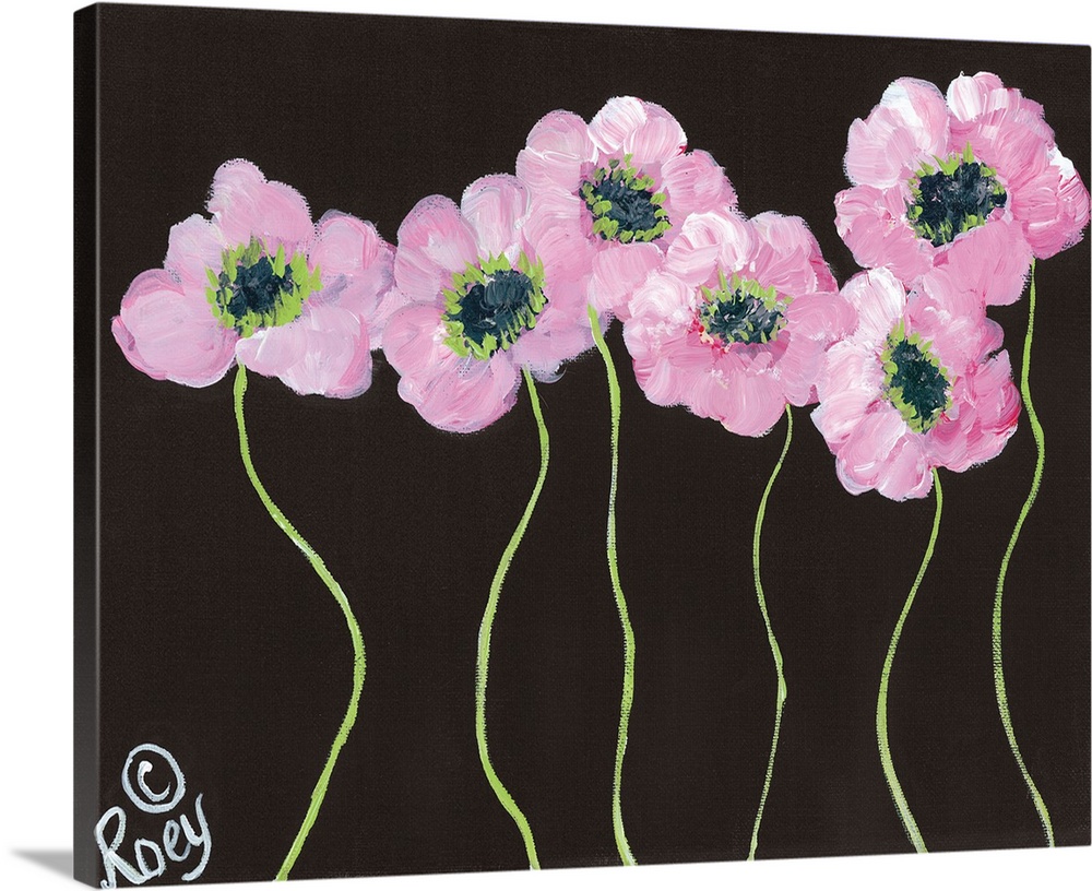 Contemporary artwork of pink posies on a black background.