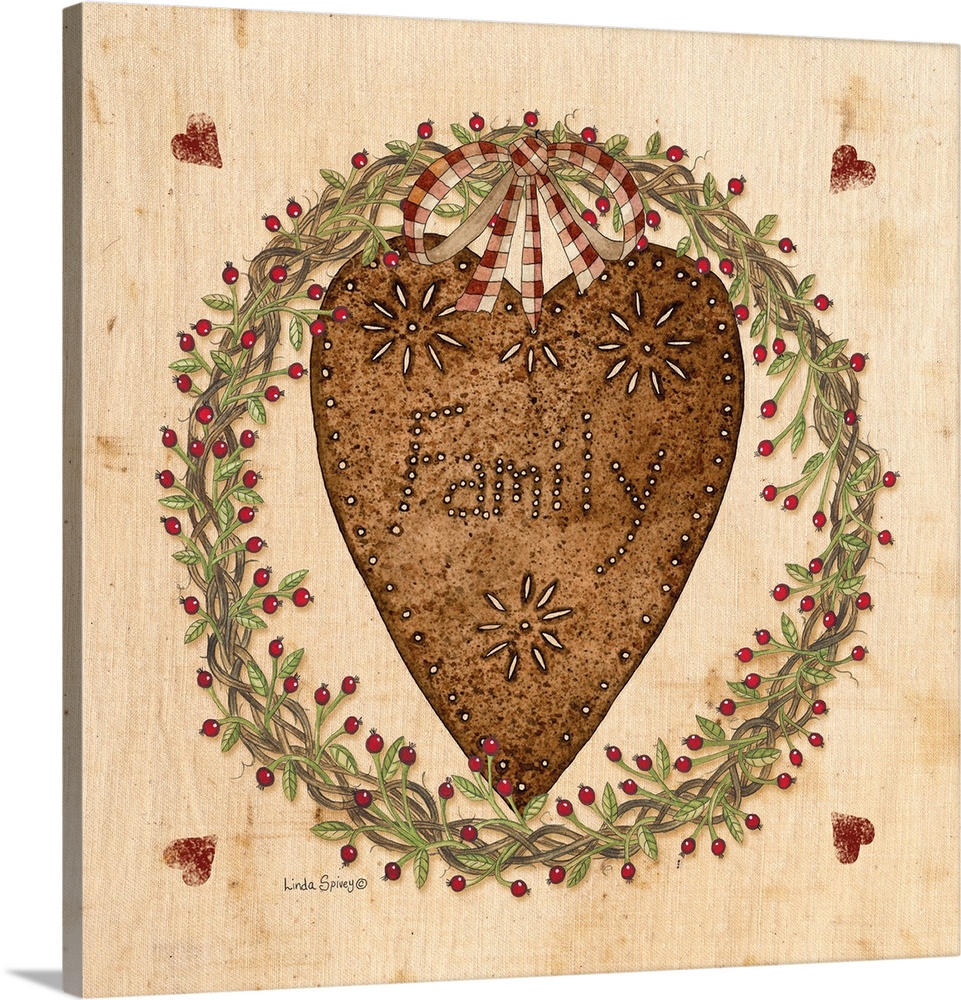 Folk artwork featuring a rusty tin heart with nature wreath surrounding it.